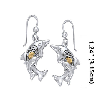 Concerted happiness with the twin dolphins ~ Sterling Silver Steampunk Hook Earrings with 14k Gold accent MER1375 - Jewelry